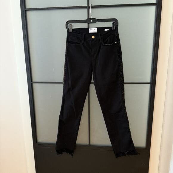 Frame Denim Le High Rise Straight Size 26 Black Noir Coated Tuxedo Stripe Jeans - Picture 3 of 11